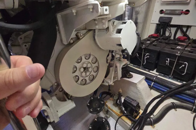 Buenos Aires Yacht Photos Pics Engine room of 2003 Riviera 48 Flybridge yacht with visible components and batteries.