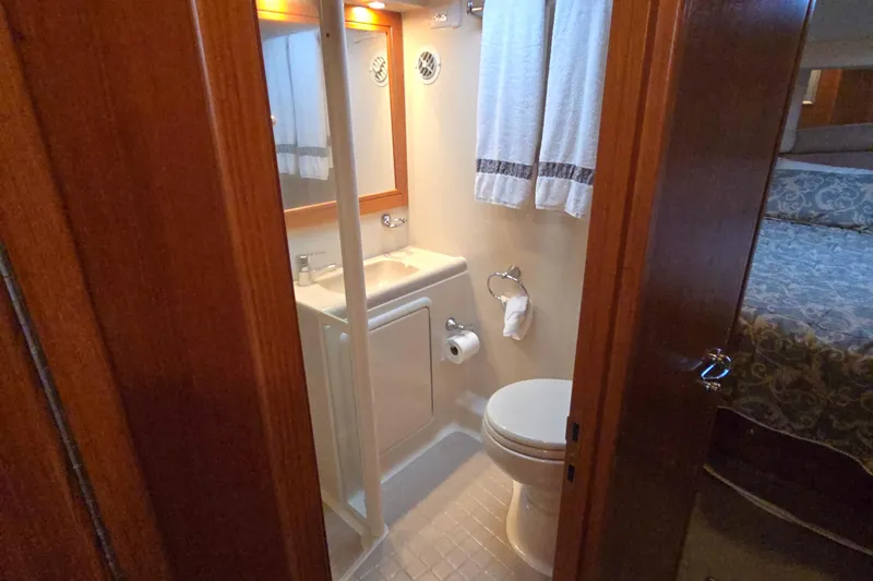 Buenos Aires Yacht Photos Pics Bathroom interior of 2003 Riviera 48 Flybridge yacht, featuring sink, toilet, and mirror.