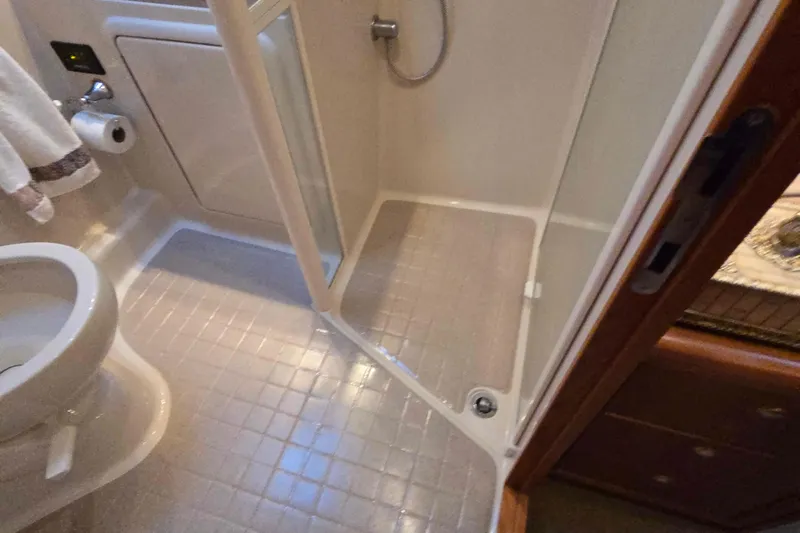 Buenos Aires Yacht Photos Pics Bathroom interior of 2003 Riviera 48 Flybridge yacht, featuring shower and toilet.