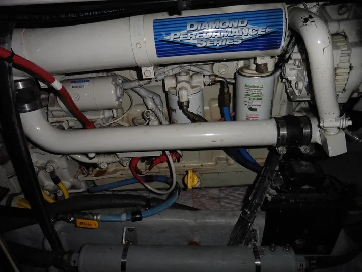  Yacht Photos Pics Engine compartment of a 2005 Meridian PILOTHOUSE with Diamond Performance Series components.