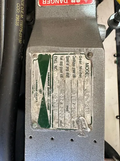  Yacht Photos Pics Close-up of engine plate on 2006 Albin 28 Tournament Express boat.