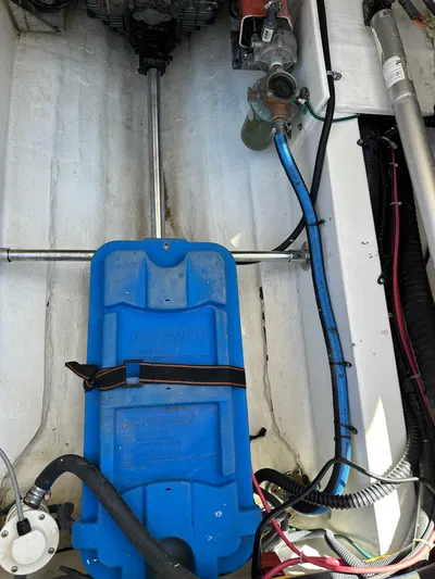  Yacht Photos Pics Engine compartment of a 2006 Albin 28 Tournament Express with blue tank and wiring.