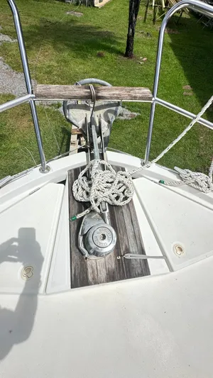  Yacht Photos Pics Bow of 2009 Beneteau Swift Trawler 34 with anchor and rope detail.