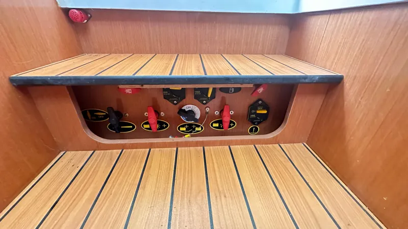  Yacht Photos Pics Control panel of a 2009 Beneteau Swift Trawler 34 with wooden finish.