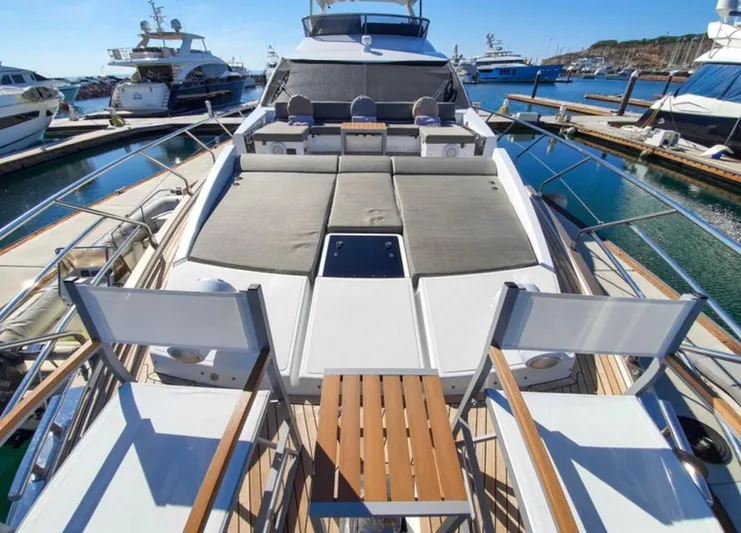 Mi Bluu Yacht Photos Pics 2019 Azimut Flybridge 66 yacht with spacious sun deck and seating in marina.
