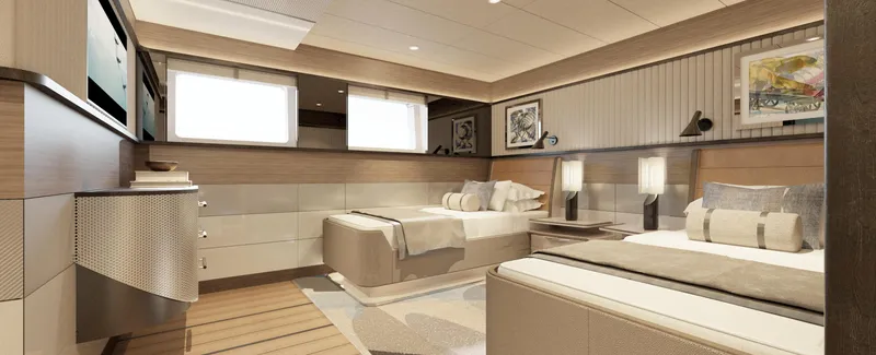 Spitfire Yacht Photos Pics Luxurious 2027 ARES SPITFIRE yacht interior with modern twin beds and elegant decor.