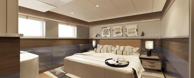 Spitfire Yacht Photos Pics Luxurious bedroom interior in 2027 ARES SPITFIRE yacht, featuring modern design and elegant decor.