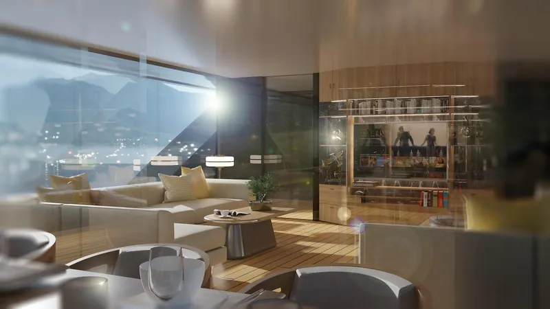 Spitfire Yacht Photos Pics Luxurious yacht interior with modern design, featuring panoramic windows and elegant furnishings, ARES SPITFIRE 2027.