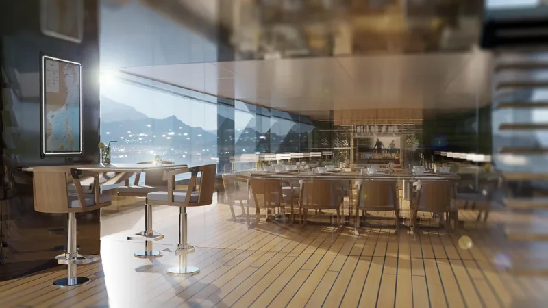 Spitfire Yacht Photos Pics Luxurious yacht interior with modern dining area, panoramic windows, and elegant furnishings, ARES SPITFIRE 2027.