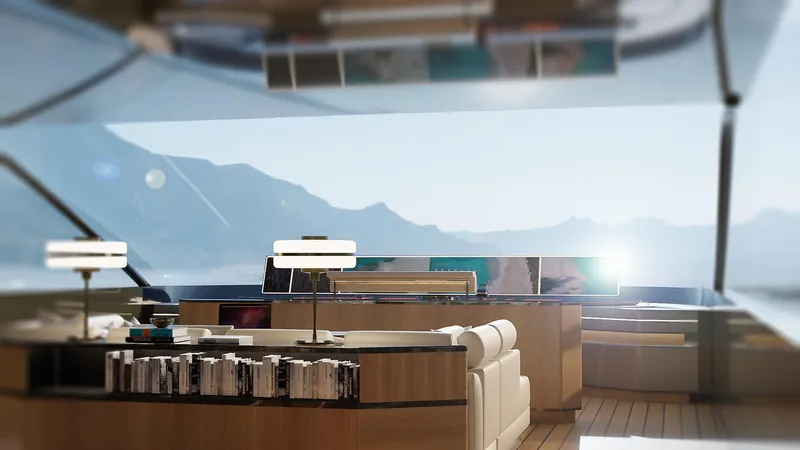 Spitfire Yacht Photos Pics Luxurious interior of 2027 Custom ARES SPITFIRE yacht with scenic mountain view.