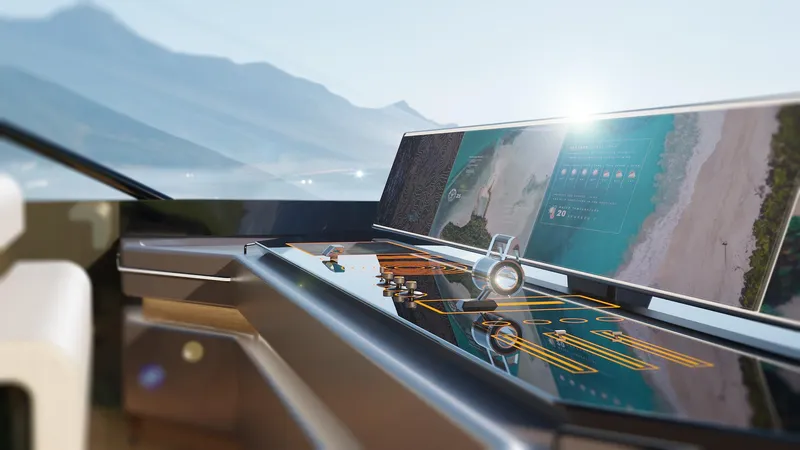 Spitfire Yacht Photos Pics Futuristic yacht dashboard with digital navigation screens, ARES SPITFIRE 2027 model.