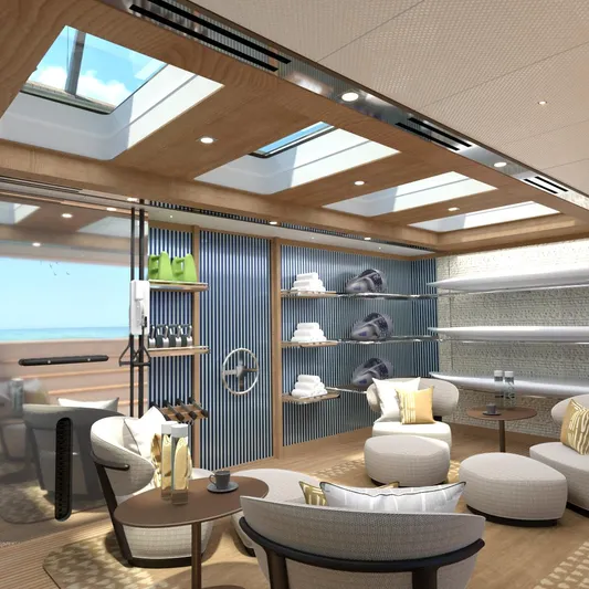Spitfire Yacht Photos Pics Luxurious yacht interior with skylights, modern seating, and elegant decor, 2027 ARES SPITFIRE.
