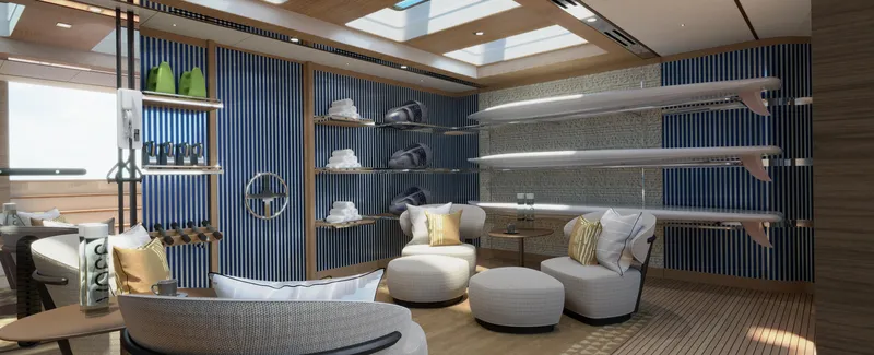 Spitfire Yacht Photos Pics Luxurious yacht interior with surfboards, modern seating, and nautical decor, ARES SPITFIRE 2027.
