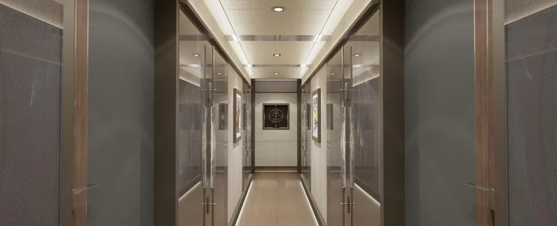 Spitfire Yacht Photos Pics Luxurious hallway interior of 2027 Custom ARES SPITFIRE yacht, featuring sleek design and modern lighting.