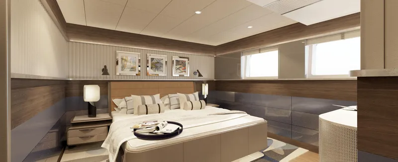 Spitfire Yacht Photos Pics Luxurious bedroom interior in 2027 ARES SPITFIRE yacht, featuring modern design and cozy ambiance.