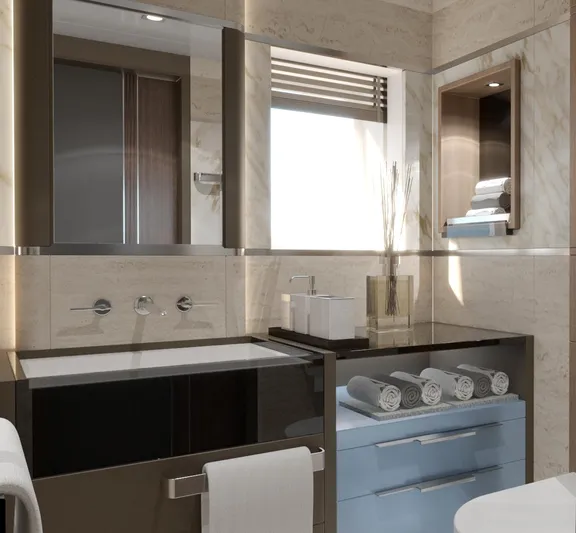 Spitfire Yacht Photos Pics Modern bathroom with sleek fixtures, rolled towels, and elegant marble accents.