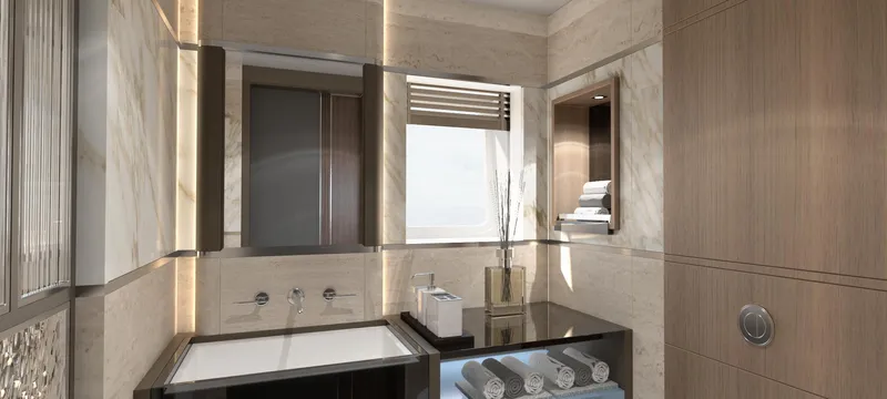 Spitfire Yacht Photos Pics Luxurious modern bathroom with sleek design, featuring marble accents and elegant fixtures, 2027 ARES SPITFIRE.