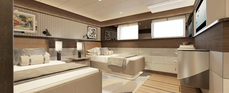 Spitfire Yacht Photos Pics Luxurious yacht bedroom interior, Custom ARES SPITFIRE 2027, featuring modern design and elegant furnishings.