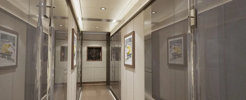 Spitfire Yacht Photos Pics Luxurious hallway interior of 2027 Custom ARES SPITFIRE yacht, featuring elegant artwork and modern lighting.