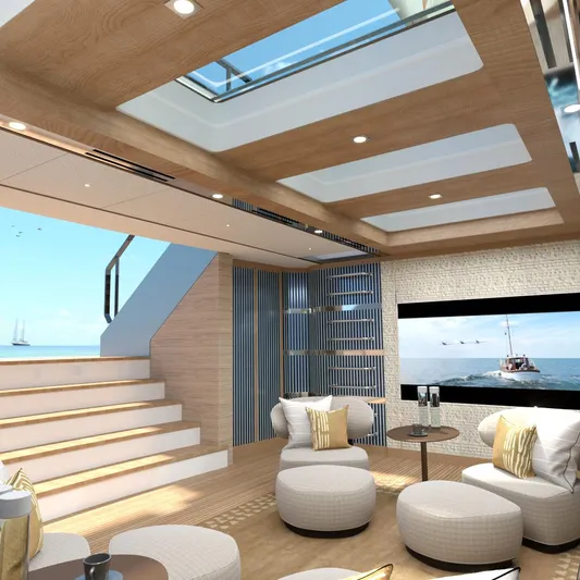 Spitfire Yacht Photos Pics Luxurious yacht interior with modern design, featuring skylights and ocean view, ARES SPITFIRE 2027.