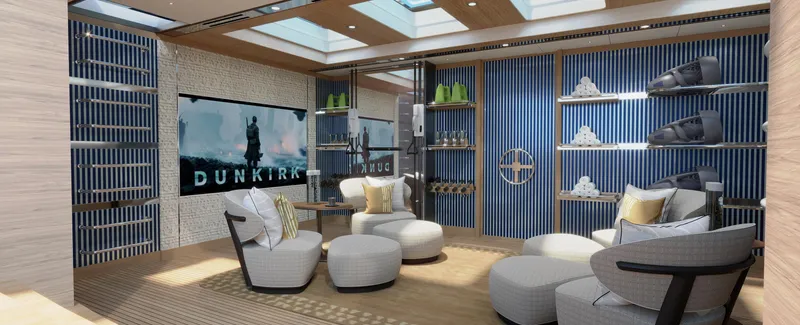 Spitfire Yacht Photos Pics Luxurious yacht interior with modern seating, large screen, and elegant decor, ARES SPITFIRE 2027.