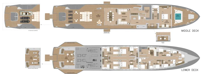 Spitfire Yacht Photos Pics Deck layout of 2027 Custom ARES SPITFIRE yacht, featuring middle and lower decks.