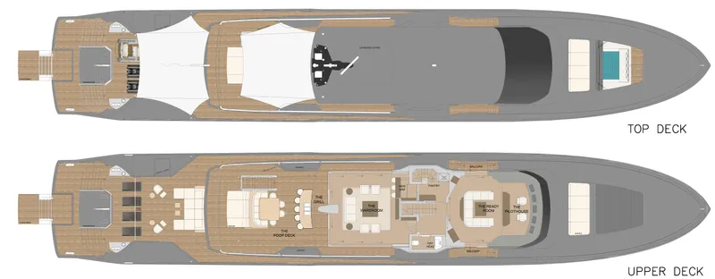 Spitfire Yacht Photos Pics Custom ARES SPITFIRE 2027 yacht layout, showcasing top and upper deck designs.