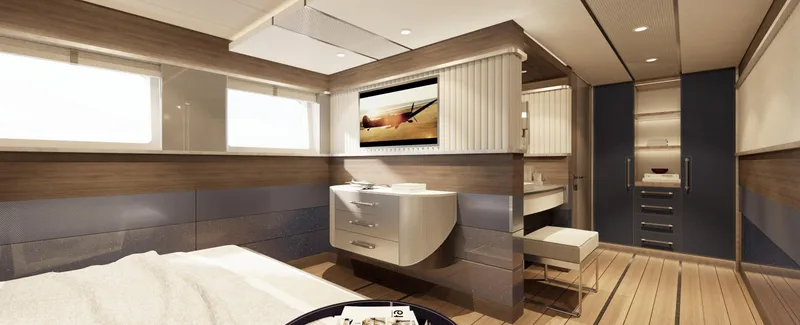 Spitfire Yacht Photos Pics Luxurious interior of 2027 Custom ARES SPITFIRE yacht with modern design and elegant furnishings.