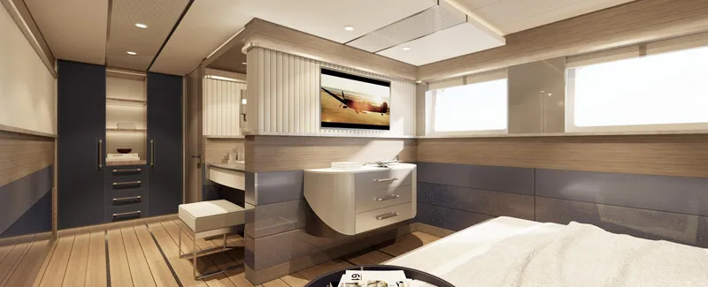 Spitfire Yacht Photos Pics Luxurious interior of 2027 Custom ARES SPITFIRE yacht with modern design and elegant furnishings.