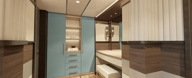 Spitfire Yacht Photos Pics Luxurious interior of 2027 Custom ARES SPITFIRE yacht with modern design and elegant furnishings.