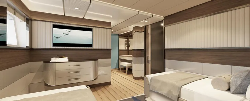 Spitfire Yacht Photos Pics Luxurious interior of 2027 Custom ARES SPITFIRE yacht with modern design and twin beds.
