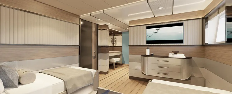 Spitfire Yacht Photos Pics Luxurious interior of 2027 Custom ARES SPITFIRE yacht with modern twin beds and sleek design.