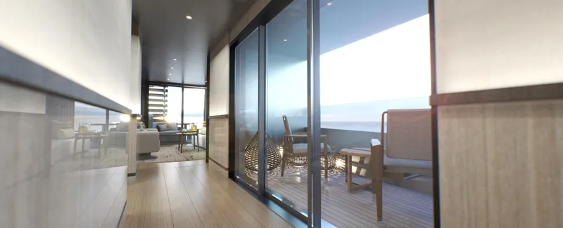 Spitfire Yacht Photos Pics Modern interior with ocean-view balcony, featuring sleek design and comfortable seating.