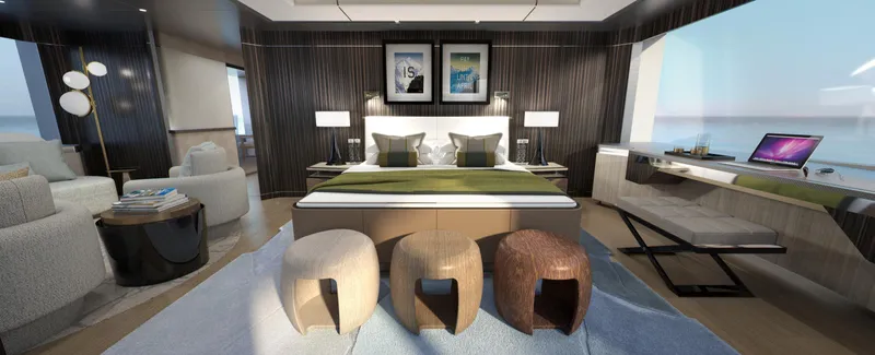 Spitfire Yacht Photos Pics Luxurious modern bedroom interior with ocean view, featuring elegant decor and contemporary furniture.