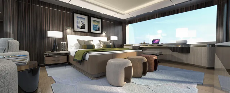 Spitfire Yacht Photos Pics Luxurious bedroom interior in 2027 ARES SPITFIRE yacht, featuring modern decor and large window view.