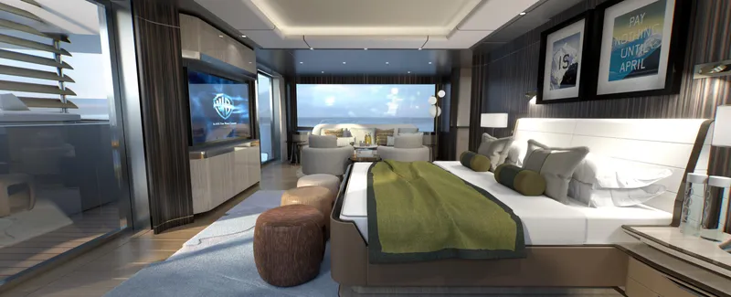 Spitfire Yacht Photos Pics Luxurious yacht bedroom interior with ocean view, modern decor, and elegant furnishings, 2027 ARES SPITFIRE.