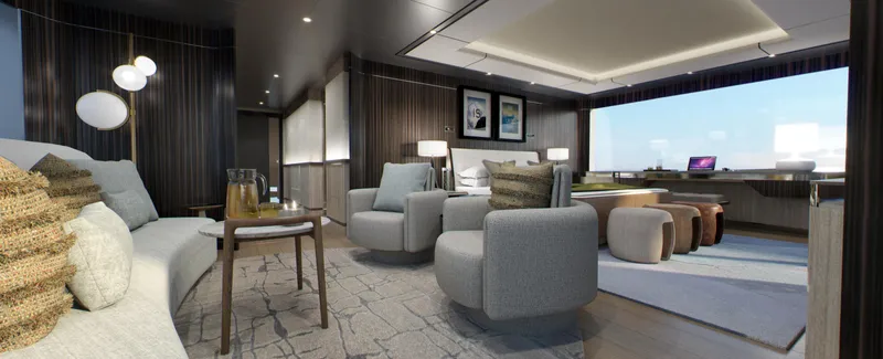 Spitfire Yacht Photos Pics Luxurious interior of 2027 Custom ARES SPITFIRE yacht with modern seating and large windows.