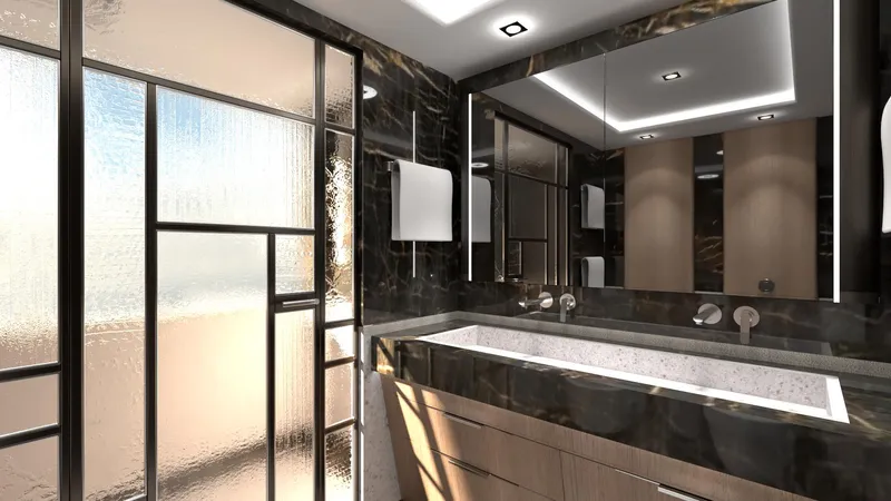 Spitfire Yacht Photos Pics Luxurious modern bathroom with marble accents and frosted glass, 2027 ARES SPITFIRE design.