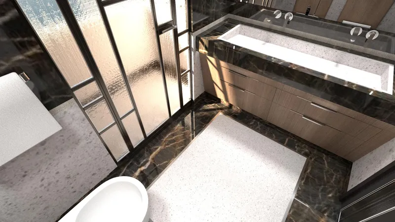 Spitfire Yacht Photos Pics Modern bathroom with marble flooring, large sink, and frosted glass panels, featuring Custom ARES SPITFIRE 2027 design.