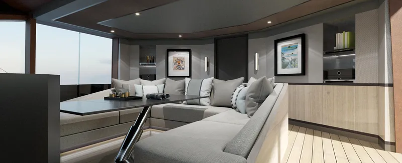 Spitfire Yacht Photos Pics Luxurious interior of 2027 ARES SPITFIRE yacht with modern seating and elegant decor.