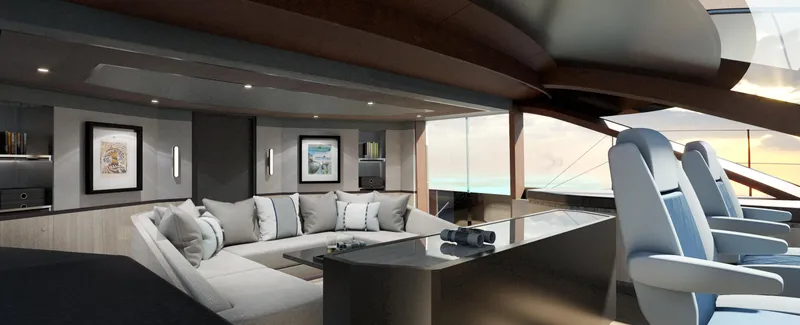 Spitfire Yacht Photos Pics Luxurious interior of 2027 Custom ARES SPITFIRE yacht with modern seating and panoramic views.