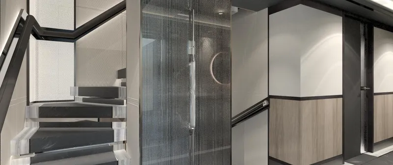 Spitfire Yacht Photos Pics Modern interior of Custom ARES SPITFIRE 2027 with sleek staircase and minimalist design.