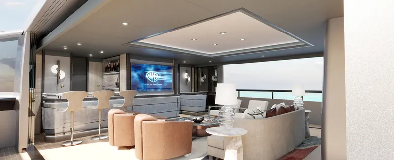 Spitfire Yacht Photos Pics Luxurious yacht interior with modern bar, seating, and ocean view, ARES SPITFIRE 2027 model.