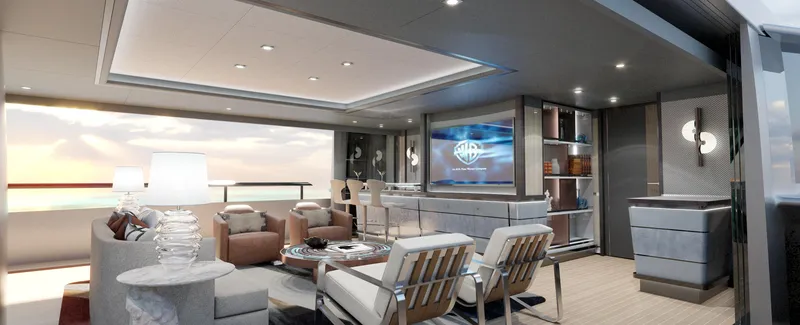 Spitfire Yacht Photos Pics Luxurious yacht interior of the 2027 Custom ARES SPITFIRE, featuring modern seating and ocean views.