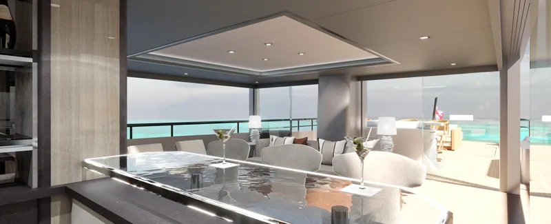 Spitfire Yacht Photos Pics Luxurious interior of 2027 Custom ARES SPITFIRE yacht with ocean view and modern furnishings.
