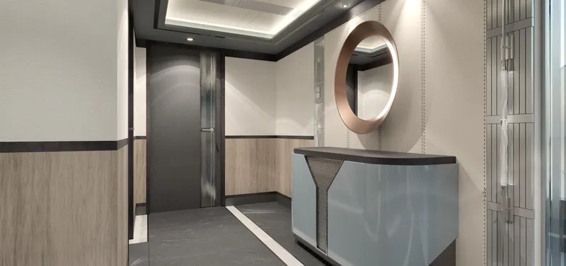 Spitfire Yacht Photos Pics Luxurious modern interior of 2027 ARES SPITFIRE yacht with sleek design and elegant lighting.