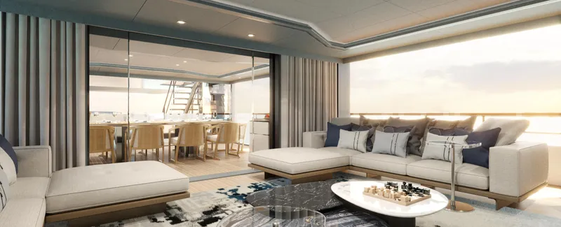 Spitfire Yacht Photos Pics Luxurious interior of 2027 Custom ARES SPITFIRE yacht with elegant seating and dining area.