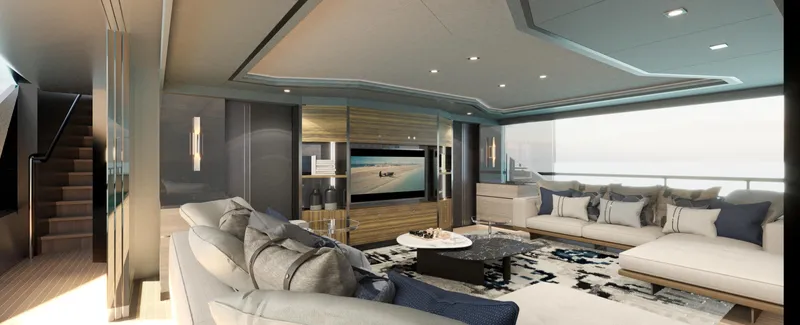 Spitfire Yacht Photos Pics Luxurious yacht interior with modern design, featuring plush seating and elegant decor, ARES SPITFIRE 2027.