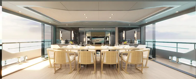 Spitfire Yacht Photos Pics Luxurious dining area on 2027 Custom ARES SPITFIRE yacht with ocean views.