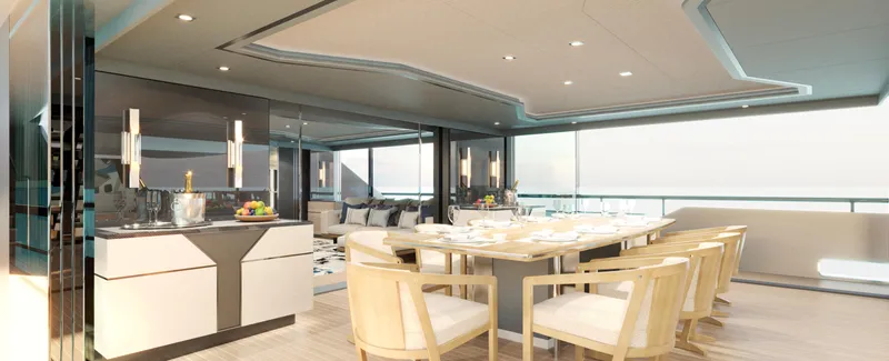 Spitfire Yacht Photos Pics Luxurious dining area on the 2027 Custom ARES SPITFIRE yacht, featuring elegant decor and modern furnishings.